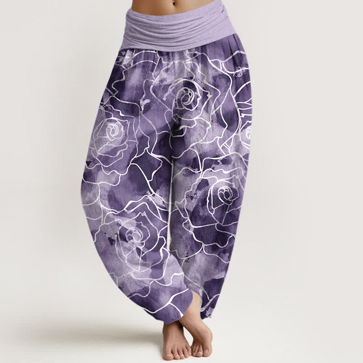 Buddha Stones Witte katoenen harembroek met rozenpatroon en elastische Taille voor dames - Middelpaars - US16, UK/AU20, EU48 (3XL) - image 8