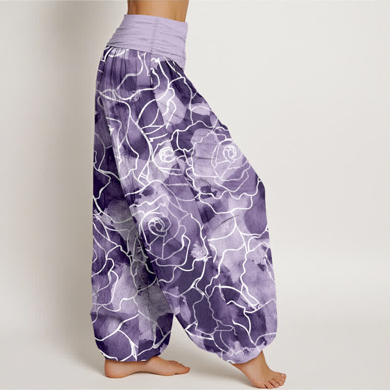 Buddha Stones Witte katoenen harembroek met rozenpatroon en elastische Taille voor dames - image 9