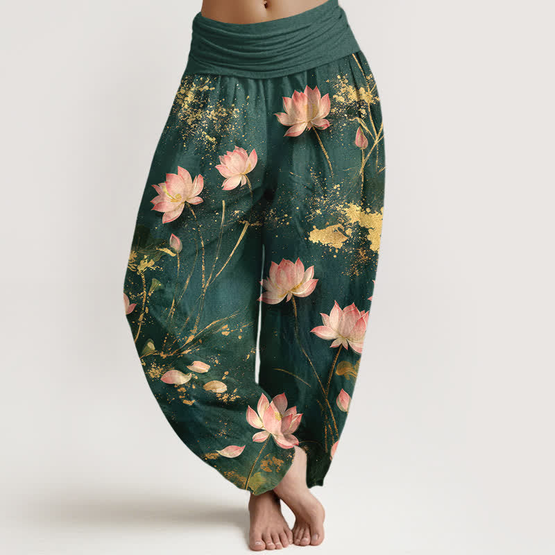 Buddha Stones Roze katoenen harembroek met lotusbloem- en goudspatpatroon en elastische Taille voor dames - Teal - US16, UK/AU20, EU48 (3XL) - image 0