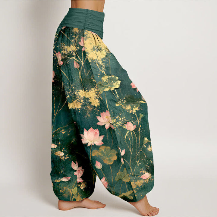 Buddha Stones Roze katoenen harembroek met lotusbloem- en goudspatpatroon en elastische Taille voor dames - image 2
