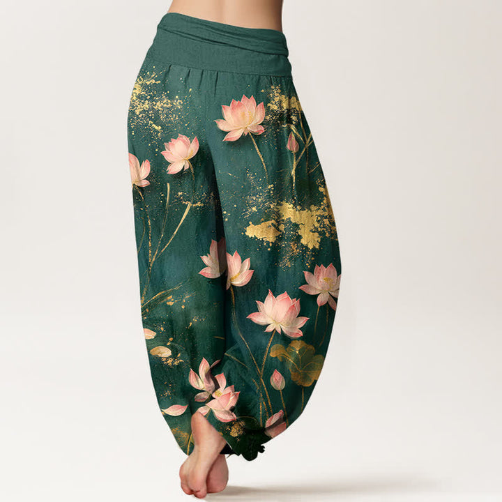 Buddha Stones Roze katoenen harembroek met lotusbloem- en goudspatpatroon en elastische Taille voor dames - image 1