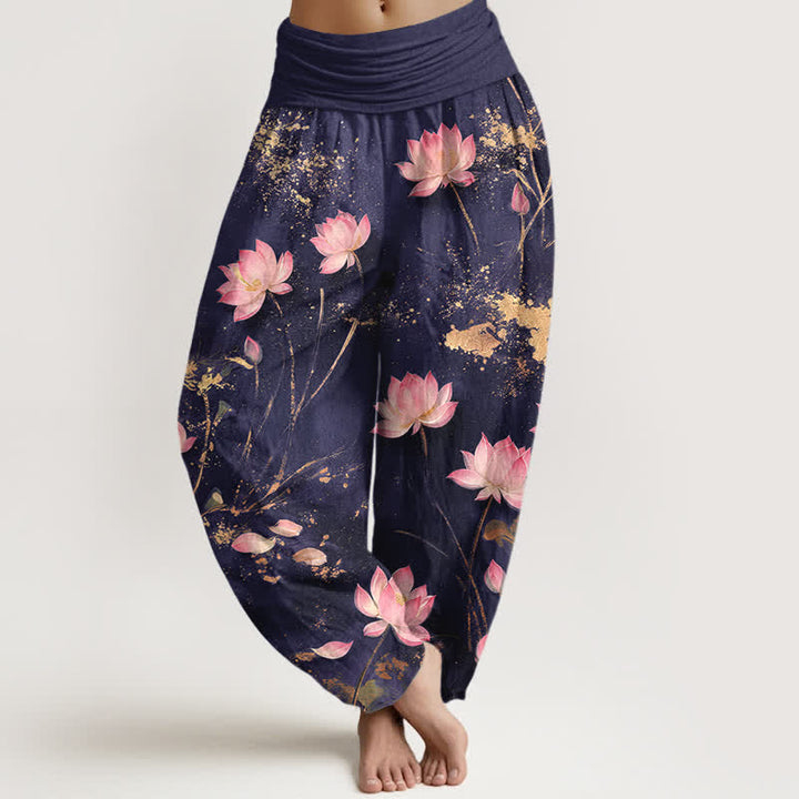 Buddha Stones Roze katoenen harembroek met lotusbloem- en goudspatpatroon en elastische Taille voor dames - Indigo - US16, UK/AU20, EU48 (3XL) - image 5