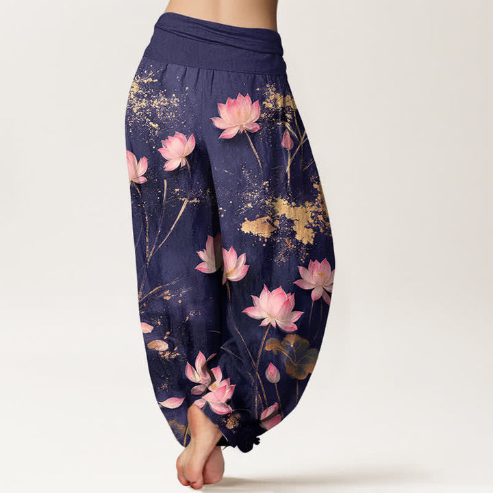 Buddha Stones Roze katoenen harembroek met lotusbloem- en goudspatpatroon en elastische Taille voor dames - image 7