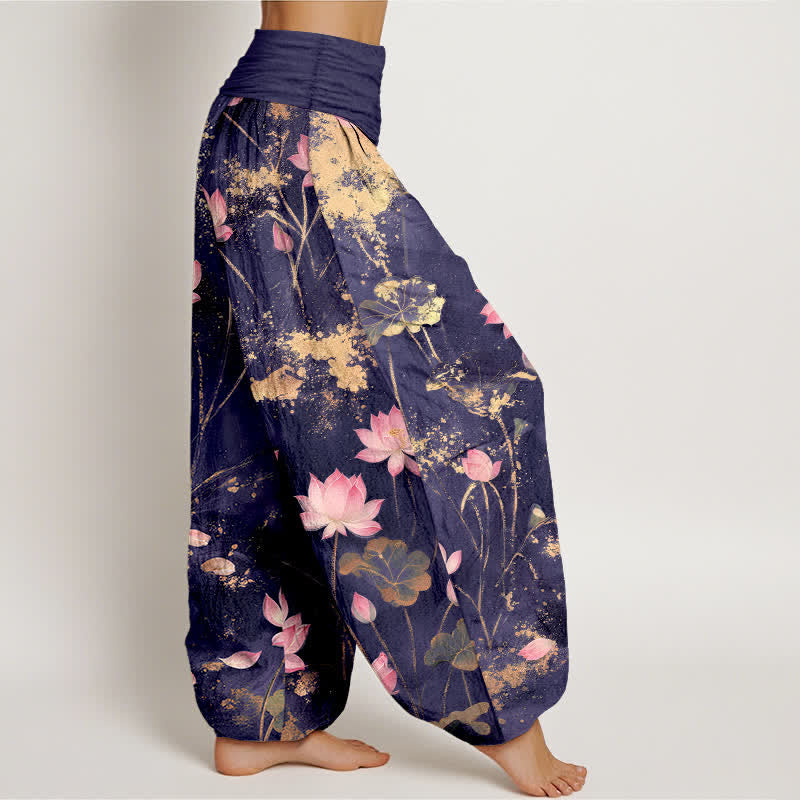 Buddha Stones Roze katoenen harembroek met lotusbloem- en goudspatpatroon en elastische Taille voor dames - image 6
