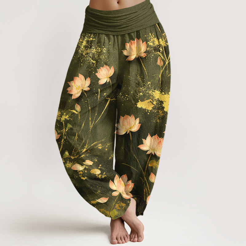 Buddha Stones Roze katoenen harembroek met lotusbloem- en goudspatpatroon en elastische Taille voor dames - Olijfgroen - US16, UK/AU20, EU48 (3XL) - image 8