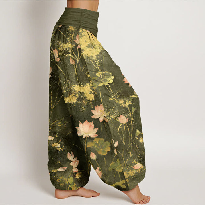 Buddha Stones Roze katoenen harembroek met lotusbloem- en goudspatpatroon en elastische Taille voor dames - image 9