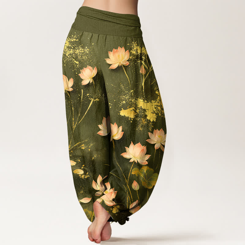Buddha Stones Roze katoenen harembroek met lotusbloem- en goudspatpatroon en elastische Taille voor dames - image 10