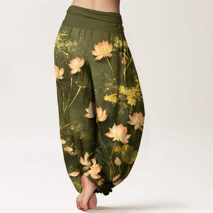 Buddha Stones Roze katoenen harembroek met lotusbloem- en goudspatpatroon en elastische Taille voor dames - image 10