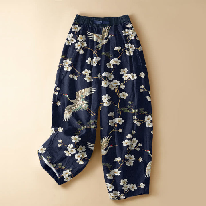 Buddha Stones Vintage harembroek van 100% Cotton met kraanvogelbloesempatroon, kikkerknopen en elastische Taille , inclusief Zakken. - Marine - US16, UK/AU20, EU48 (3XL) - image 0