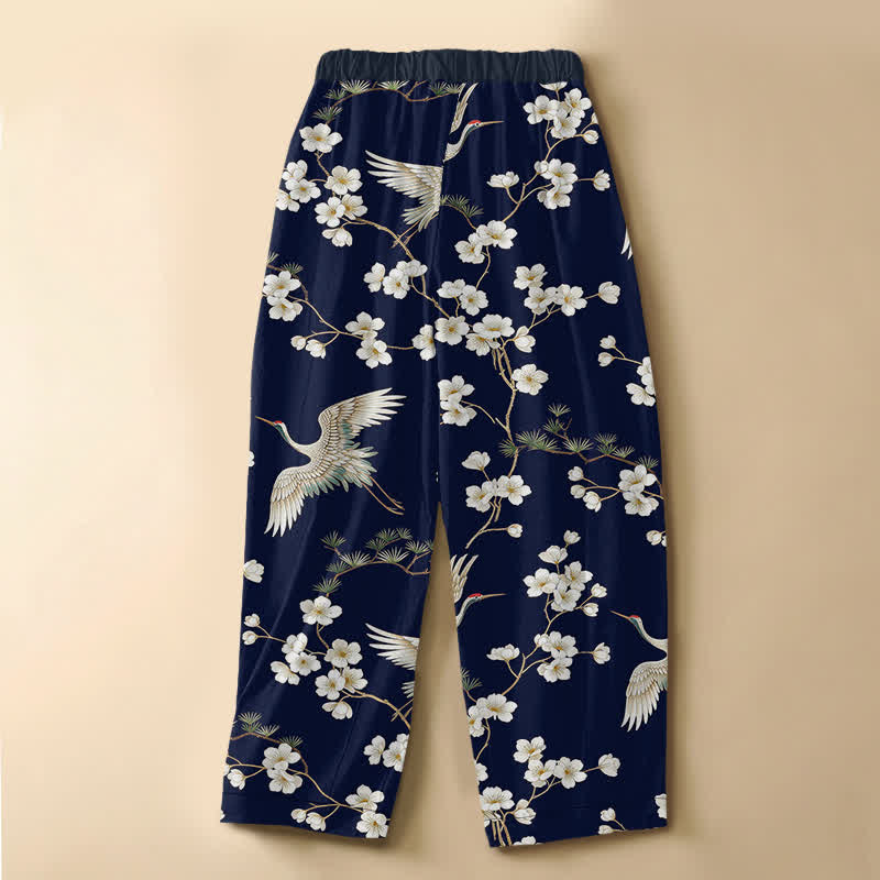 Buddha Stones Vintage harembroek van 100% Cotton met kraanvogelbloesempatroon, kikkerknopen en elastische Taille , inclusief Zakken. - image 1