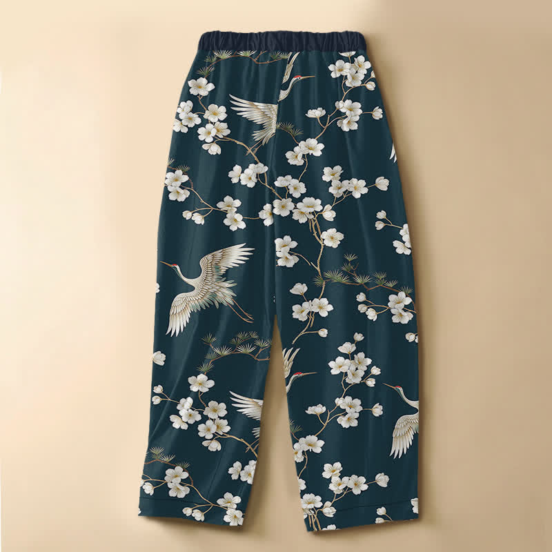 Buddha Stones Vintage harembroek van 100% Cotton met kraanvogelbloesempatroon, kikkerknopen en elastische Taille , inclusief Zakken. - image 6