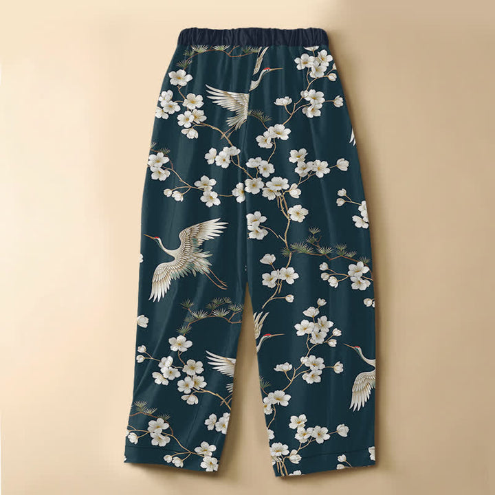 Buddha Stones Vintage harembroek van 100% Cotton met kraanvogelbloesempatroon, kikkerknopen en elastische Taille , inclusief Zakken. - image 6