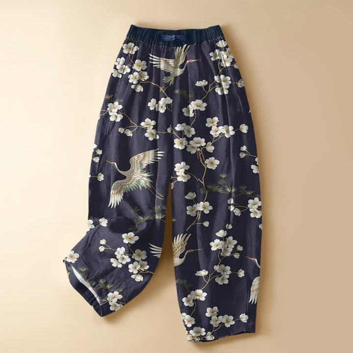 Buddha Stones Vintage harembroek van 100% Cotton met kraanvogelbloesempatroon, kikkerknopen en elastische Taille , inclusief Zakken. - Donker leisteenblauw - US16, UK/AU20, EU48 (3XL) - image 7