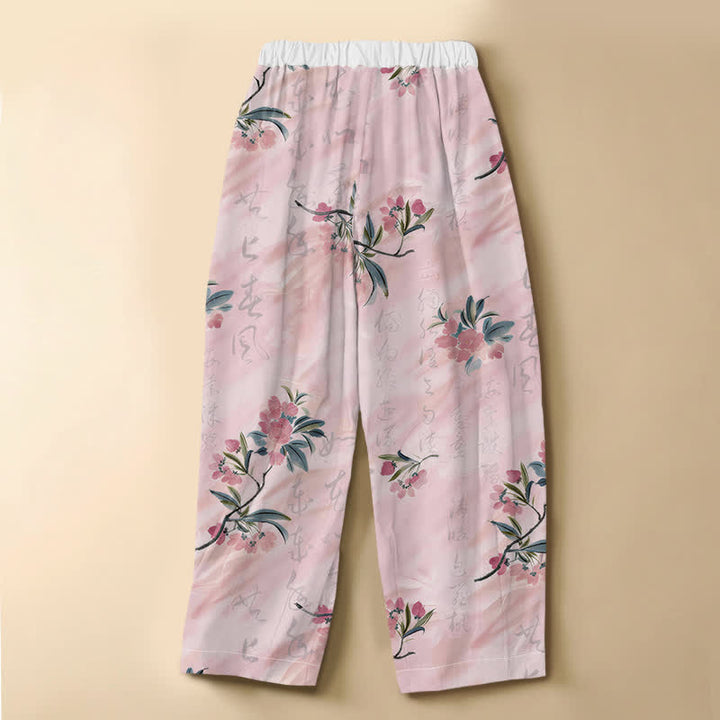 Buddha Stones Harembroek voor dames met elastische Taille , romantisch bloesem- en bladmotief, kikkerknopen en Zakken , gemaakt van 100% Cotton. - image 1
