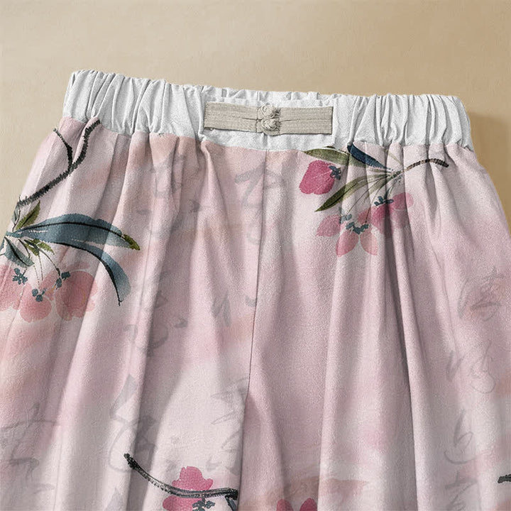 Buddha Stones Harembroek voor dames met elastische Taille , romantisch bloesem- en bladmotief, kikkerknopen en Zakken , gemaakt van 100% Cotton. - image 2