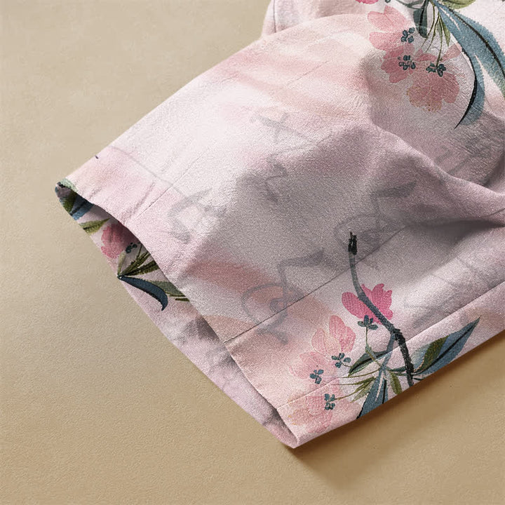 Buddha Stones Harembroek voor dames met elastische Taille , romantisch bloesem- en bladmotief, kikkerknopen en Zakken , gemaakt van 100% Cotton. - image 3