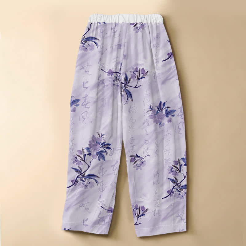 Buddha Stones Harembroek voor dames met elastische Taille , romantisch bloesem- en bladmotief, kikkerknopen en Zakken , gemaakt van 100% Cotton. - image 8