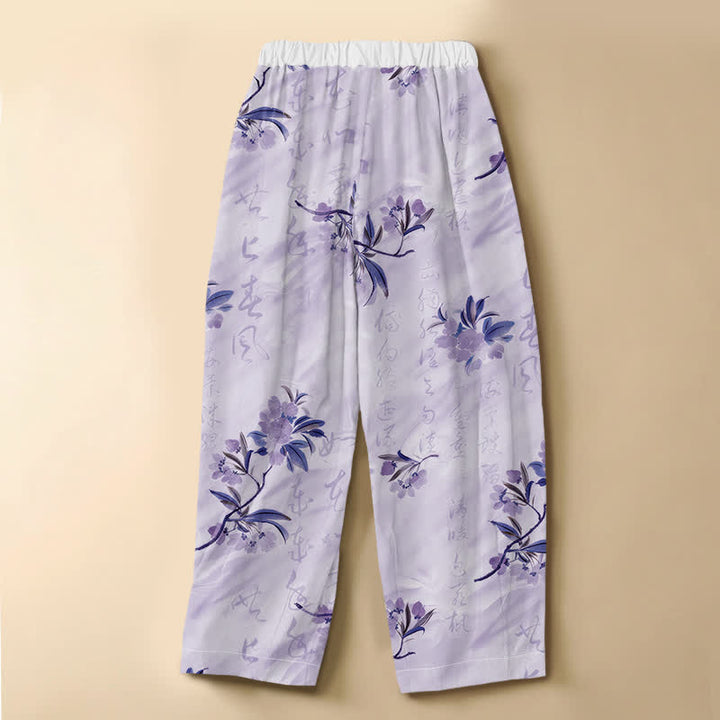 Buddha Stones Harembroek voor dames met elastische Taille , romantisch bloesem- en bladmotief, kikkerknopen en Zakken , gemaakt van 100% Cotton. - image 8