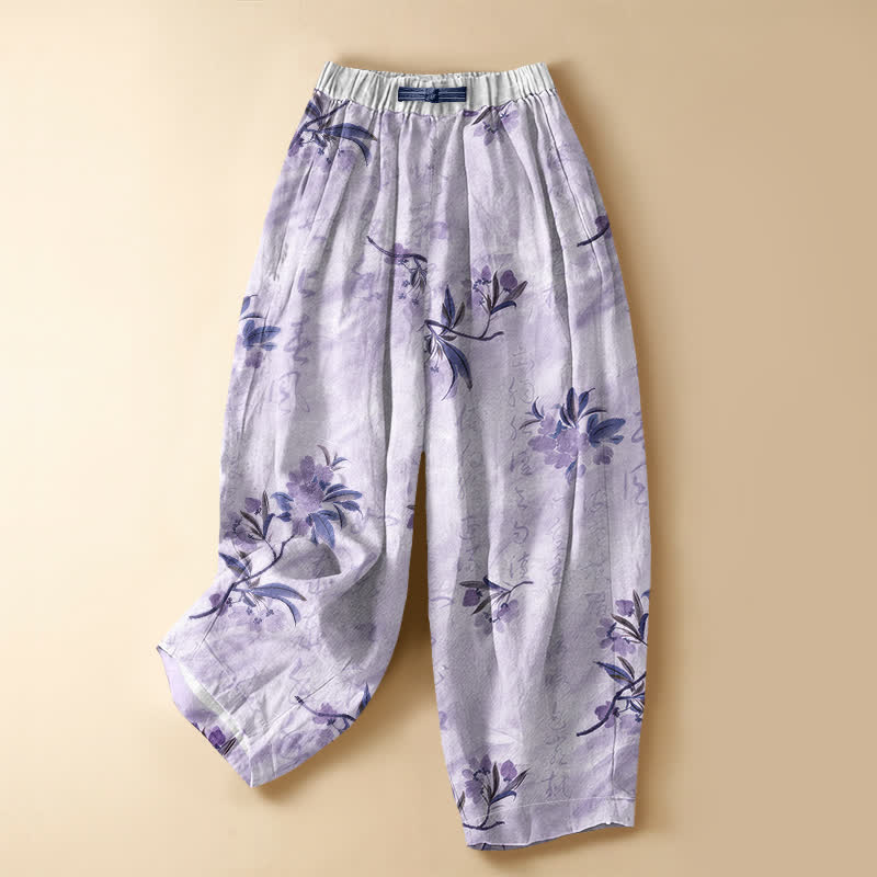 Buddha Stones Harembroek voor dames met elastische Taille , romantisch bloesem- en bladmotief, kikkerknopen en Zakken , gemaakt van 100% Cotton. - Lavendel - US16, UK/AU20, EU48 (3XL) - image 7