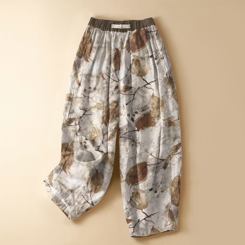 Buddha Stones Harembroek voor dames met elastische Taille en Zakken , met botanisch herfstbladmotief, kikkerknopen en een print van 100% Cotton. - Linnen - US16, UK/AU20, EU48 (3XL) - image 0