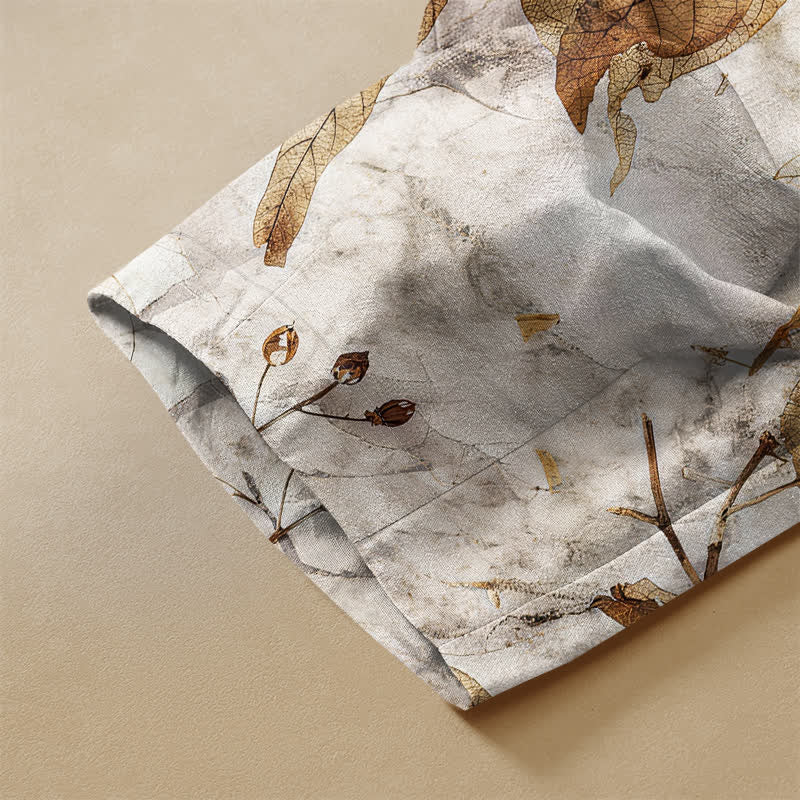 Buddha Stones Harembroek voor dames met elastische Taille en Zakken , met botanisch herfstbladmotief, kikkerknopen en een print van 100% Cotton. - image 2