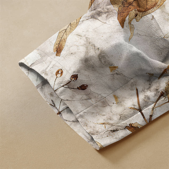 Buddha Stones Harembroek voor dames met elastische Taille en Zakken , met botanisch herfstbladmotief, kikkerknopen en een print van 100% Cotton. - image 2