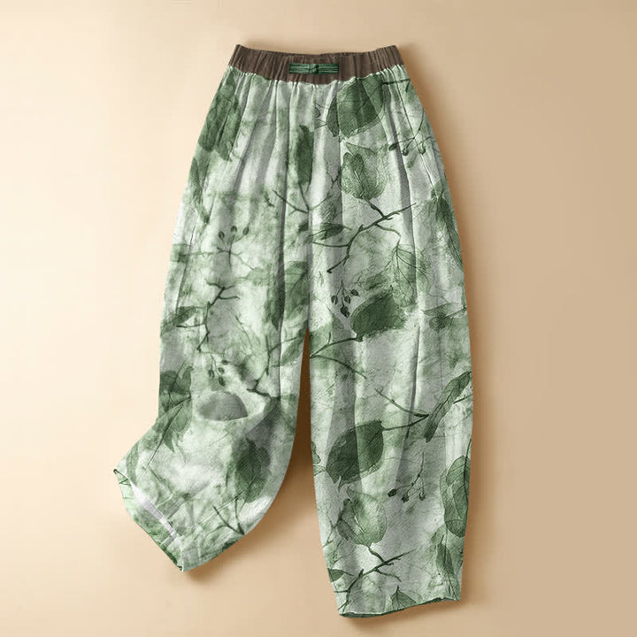 Buddha Stones Harembroek voor dames met elastische Taille en Zakken , met botanisch herfstbladmotief, kikkerknopen en een print van 100% Cotton. - Honingmeloen - US16, UK/AU20, EU48 (3XL) - image 5