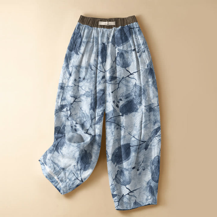 Buddha Stones Harembroek voor dames met elastische Taille en Zakken , met botanisch herfstbladmotief, kikkerknopen en een print van 100% Cotton. - Poederblauw - US16, UK/AU20, EU48 (3XL) - image 7
