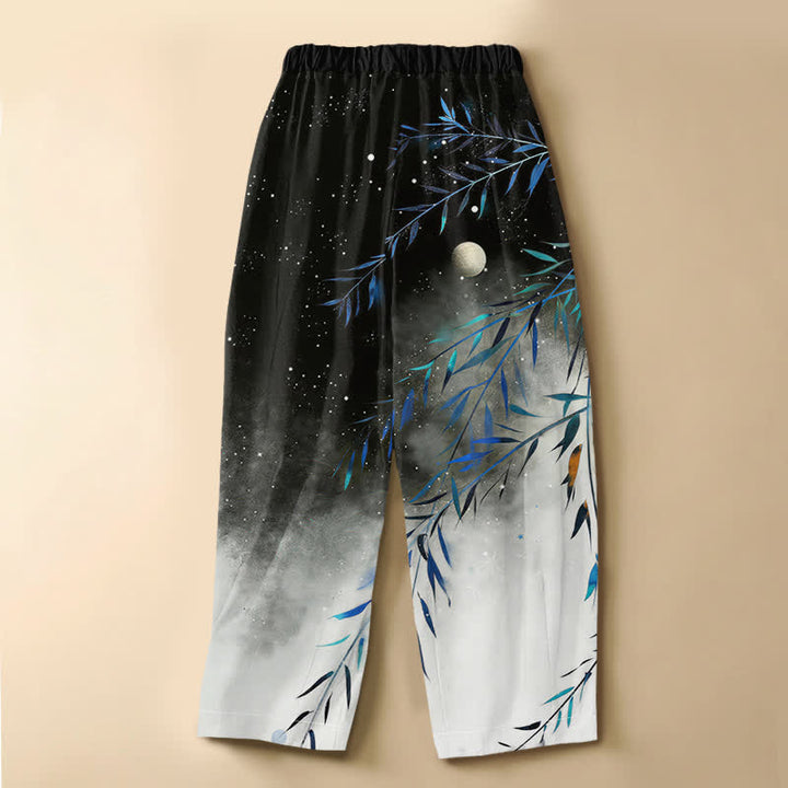 Buddha Stones Harembroek voor dames met elastische Taille, 100% Cotton en sterrenhemelmotief, bamboeprint, Zakken en elastische tailleband. - image 1