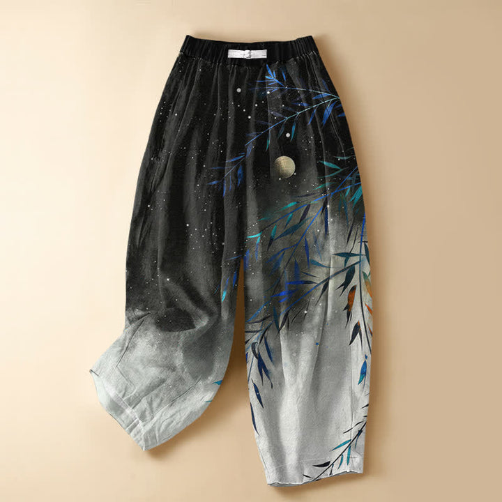 Buddha Stones Harembroek voor dames met elastische Taille, 100% Cotton en sterrenhemelmotief, bamboeprint, Zakken en elastische tailleband. - Zwart - US16, UK/AU20, EU48 (3XL) - image 0