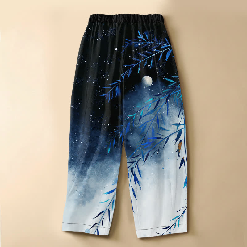 Buddha Stones Harembroek voor dames met elastische Taille, 100% Cotton en sterrenhemelmotief, bamboeprint, Zakken en elastische tailleband. - image 6