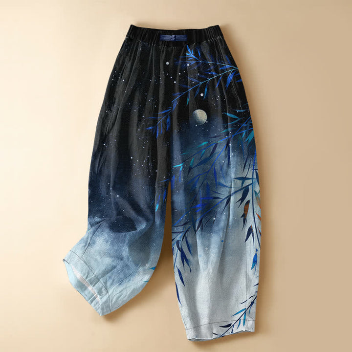 Buddha Stones Harembroek voor dames met elastische Taille, 100% Cotton en sterrenhemelmotief, bamboeprint, Zakken en elastische tailleband. - Marine - US16, UK/AU20, EU48 (3XL) - image 5