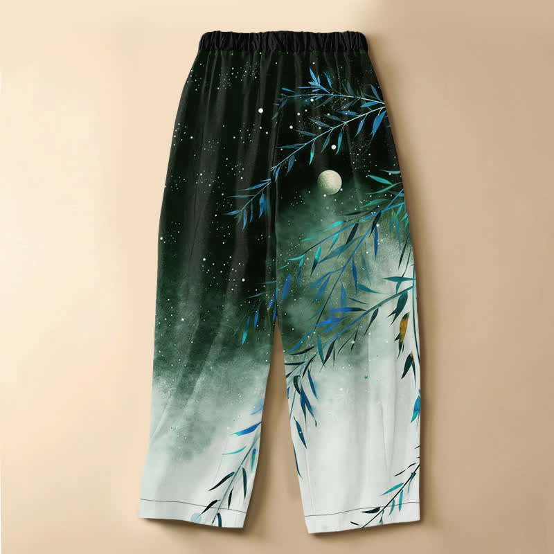 Buddha Stones Harembroek voor dames met elastische Taille, 100% Cotton en sterrenhemelmotief, bamboeprint, Zakken en elastische tailleband. - image 8