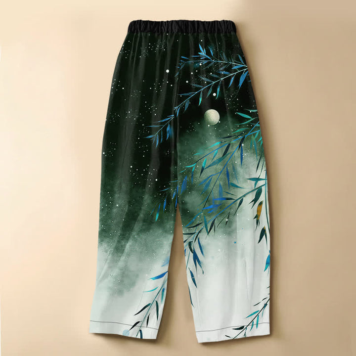 Buddha Stones Harembroek voor dames met elastische Taille, 100% Cotton en sterrenhemelmotief, bamboeprint, Zakken en elastische tailleband. - image 8