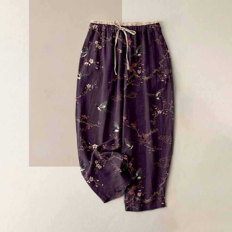 Buddha Stones Elegante damesbroek van puur 100% Cotton met vogel- en bloesemprint, elastische Taille en Zakken. - Paars - US16, UK/AU20, EU48 (3XL) - image 0