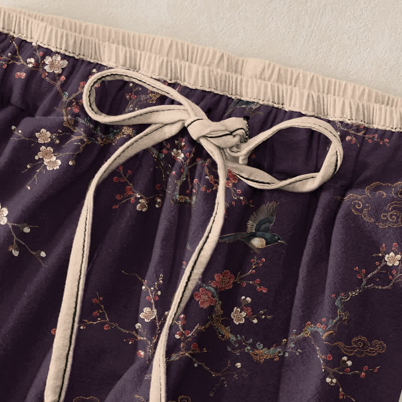 Buddha Stones Elegante damesbroek van puur 100% Cotton met vogel- en bloesemprint, elastische Taille en Zakken. - image 1