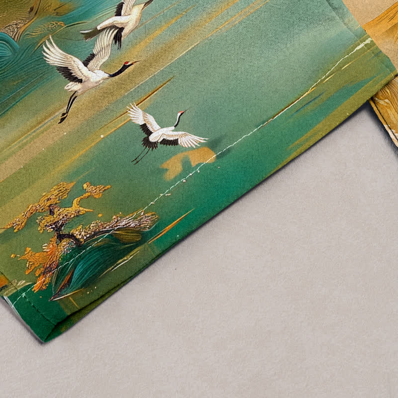 Buddha Stones Damesbroek van 100% Cotton met elastische Taille en Zakken , met een print van een mistige bergkraanvogel. - image 1