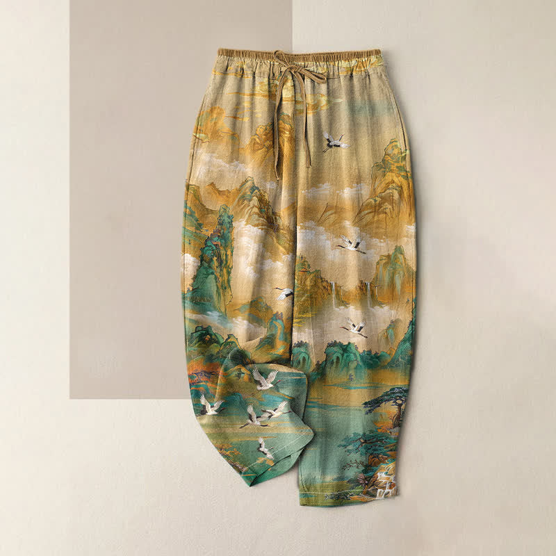 Buddha Stones Damesbroek van 100% Cotton met elastische Taille en Zakken , met een print van een mistige bergkraanvogel. - Tarwe - US16, UK/AU20, EU48 (3XL) - image 0
