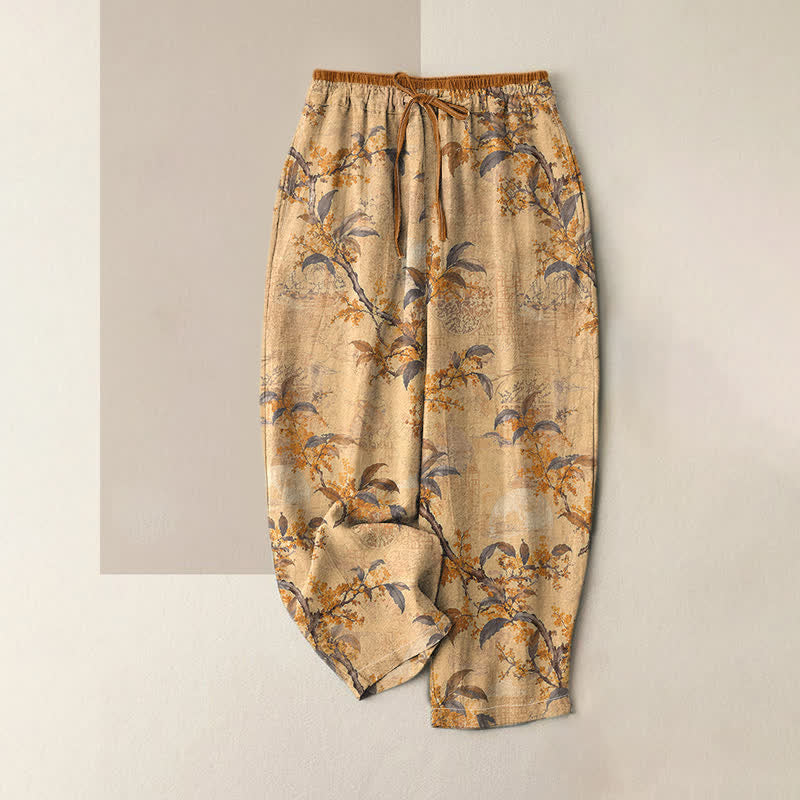 Buddha Stones Vintage 100% Cotton damesbroek met botanisch bloemenpatroon, elastische Taille en Zakken. - Guldenroede - US16, UK/AU20, EU48 (3XL) - image 0
