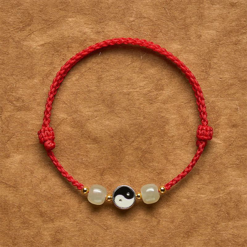 Buddha Stones Legering Yin Yang Hetian Jade Kraal Rode Koord Armband - Donkerrode snaar - 6,3-7,1 inch (16-18 cm) - image 0