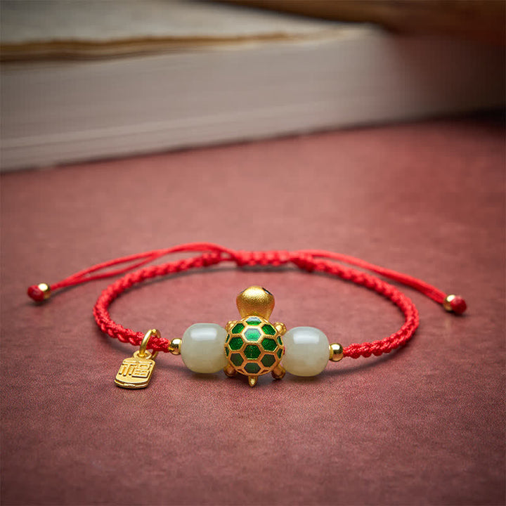 Buddha Stones Koperen Schildpad Fu Karakter Hetian Jade Rode Koord Armband - image 3