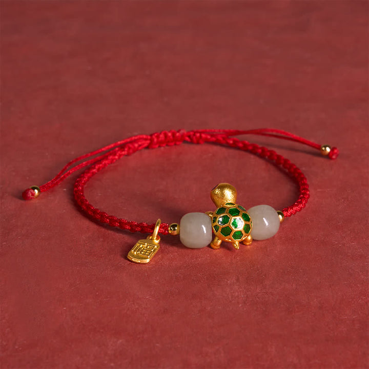 Buddha Stones Koperen Schildpad Fu Karakter Hetian Jade Rode Koord Armband - image 4
