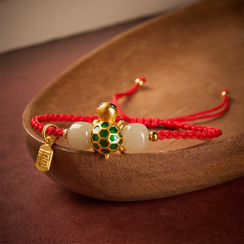 Buddha Stones Koperen Schildpad Fu Karakter Hetian Jade Rode Koord Armband - image 1