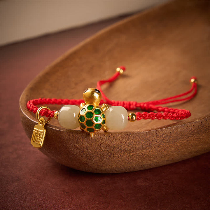 Buddha Stones Koperen Schildpad Fu Karakter Hetian Jade Rode Koord Armband - image 1