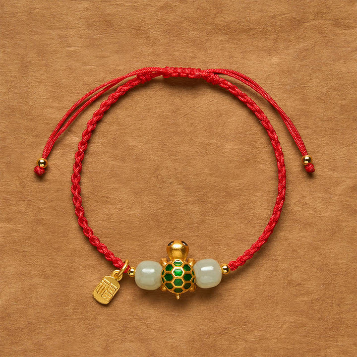Buddha Stones Koperen Schildpad Fu Karakter Hetian Jade Rode Koord Armband - Schildpad Rode String Armband - 5,5–7,1 inch / 14–18 cm - image 0