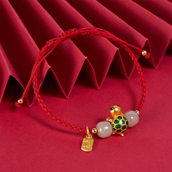 Buddha Stones Koperen Schildpad Fu Karakter Hetian Jade Rode Koord Armband - image 2