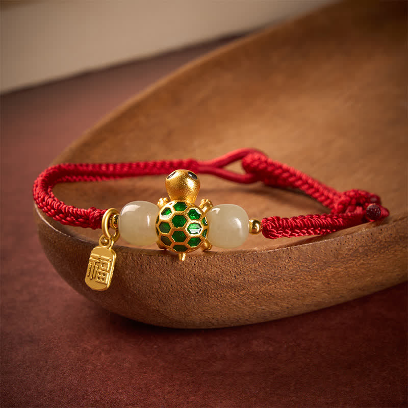 Buddha Stones Koperen Schildpad Fu Karakter Hetian Jade Rode Koord Armband - image 1