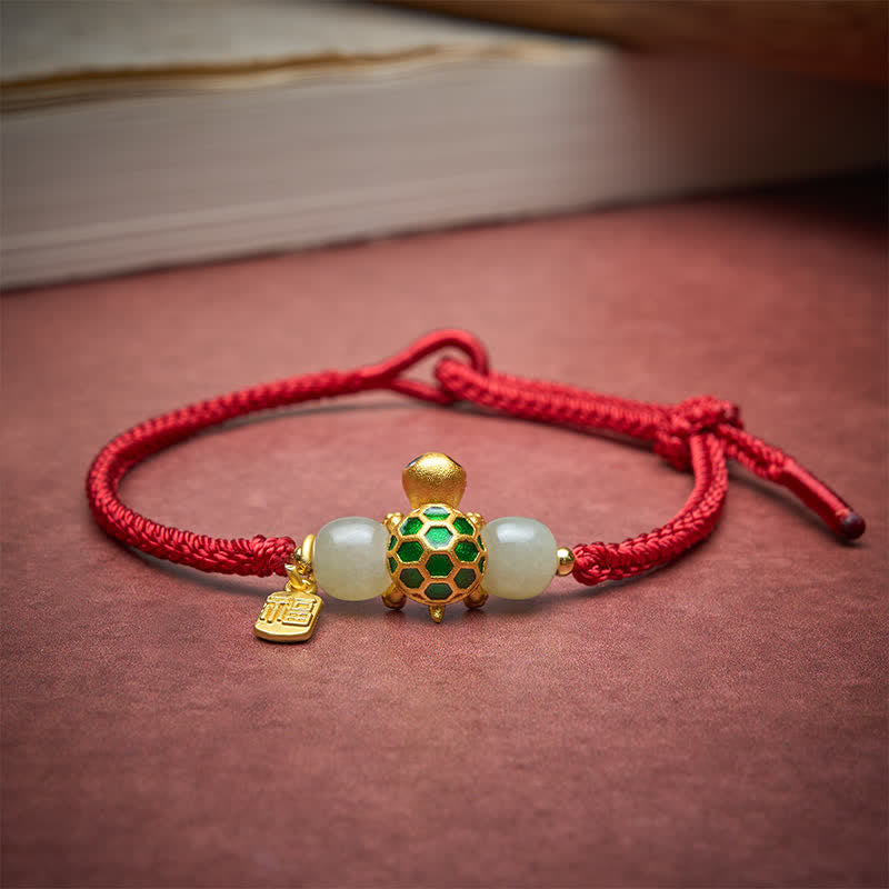 Buddha Stones Koperen Schildpad Fu Karakter Hetian Jade Rode Koord Armband - image 3