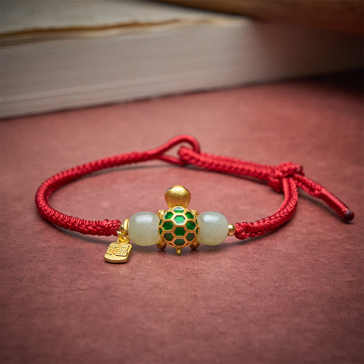 Buddha Stones Koperen Schildpad Fu Karakter Hetian Jade Rode Koord Armband - image 3