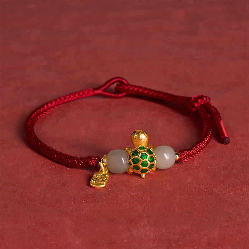 Buddha Stones Koperen Schildpad Fu Karakter Hetian Jade Rode Koord Armband - image 4